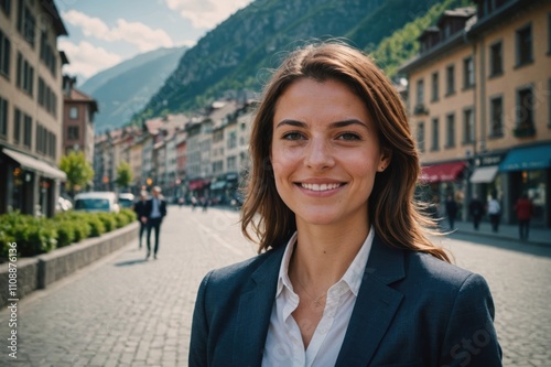 Close portrait of a smiling young Andorran businesswoman looking at the camera, Andorran big city outdoors blurred background photo