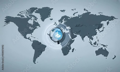 Digital world map with animated magnifying glass effect highlighting countries entering the market photo