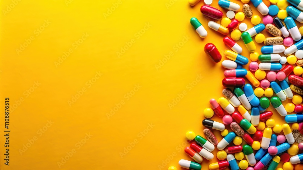 Colorful pills arranged on a vibrant yellow background, medicine, pharmaceutical, health, vitamins, medication Colorful pills arranged on a vibrant yellow background, medicine, pharmaceutical, health, vitamins, medication