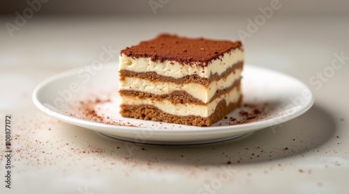 Delicious layered tiramisu dessert on a white plate with cocoa powder topping on a white background 