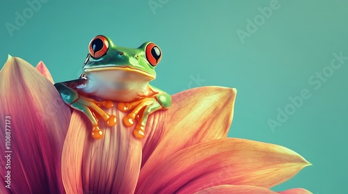 Artistic frog Sitting on flower nature vibrant bold colorful scene illustration