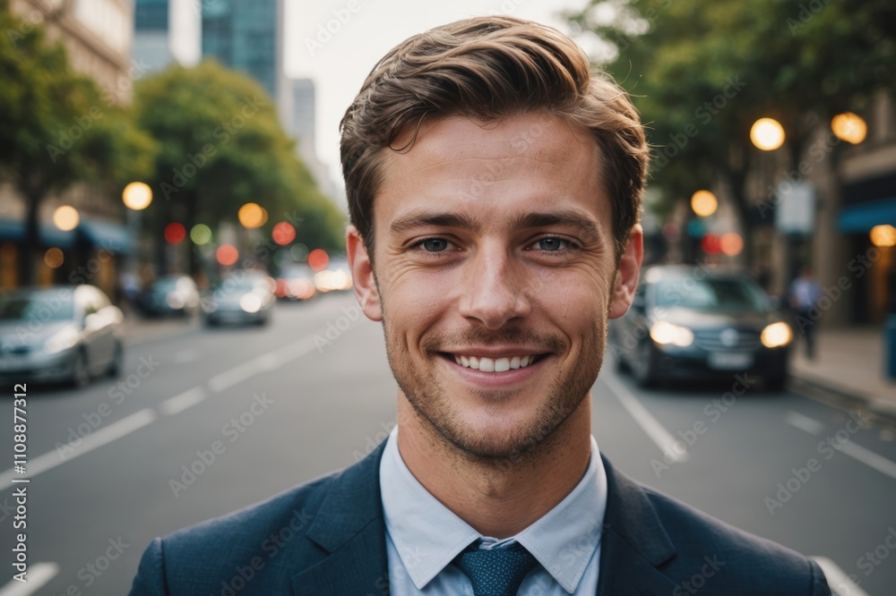 Close portrait of a smiling young Australian businessman looking at the camera, Australian big city outdoors blurred background Close portrait of a smiling young Australian businessman looking at the camera, Australian big city outdoors blurred background