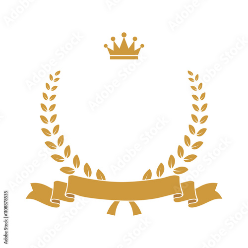 Gold award laurel wreath with ribbon, crown and empty place for name of winner. Champion reward vector illustration. Prize for awarding ceremony or best player. Quality certified icon.