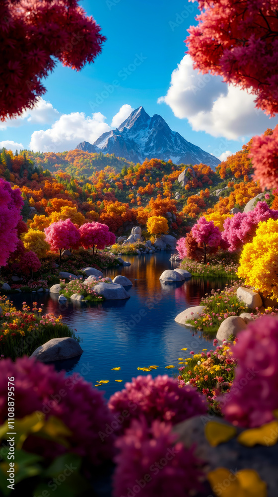 Naklejka premium A beautiful landscape with a lake surrounded by colorful trees