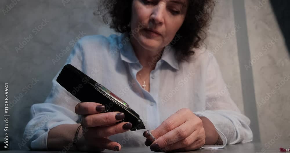 A focused female jeweler carefully examining a piece of jewelry with a handheld diamond tester under a soft light