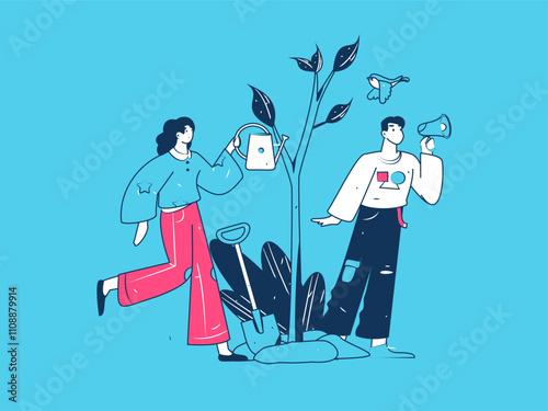 Flat character vector concept operation hand drawn illustration of planting trees on Arbor Day in spring
