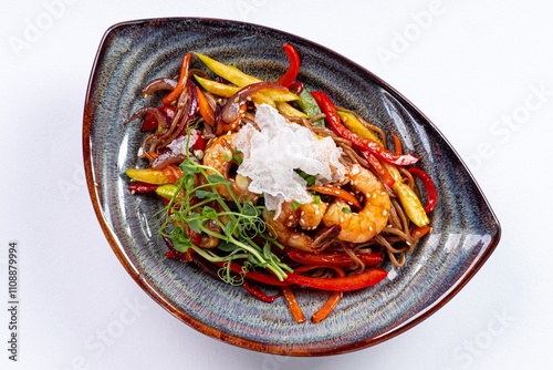 Pan-Asian Dish with Shrimp, Meat, Bell Peppers, Vegetables, and Sesame on a White Background photo