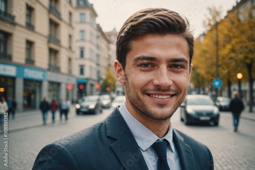 Close portrait of a smiling young Bulgarian businessman looking at the camera, Bulgarian big city outdoors blurred background