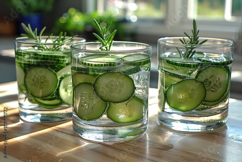 Refreshing Cucumber Mint Drink in Glasses with Rosemary Garnish Perfect for Summer Gatherings and Healthy Hydration Options in Natural Light Setting photo