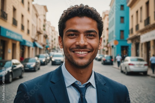 Close portrait of a smiling young Cabo Verdean businessman looking at the camera, Cabo Verdean big city outdoors blurred background photo