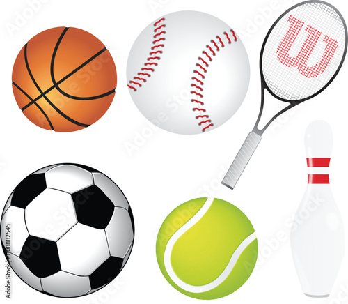 Vector illustration featuring various sports balls including a tennis racket, ideal for sports-related branding, promotional materials, or activity-related designs. Showcasing vibrant details of tenni