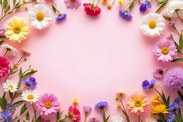 Wildflowers colorful frame on pink paper background, flat lay with space for text. Blooming spring flowers, floral greeting card template. Happy Mother's day concept. Hello spring