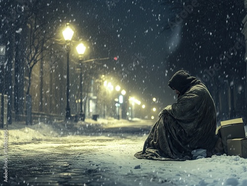 Homeless man sitting on a cold, snowy sidewalk at night wrapped in a thin, threadbare blanket. photo