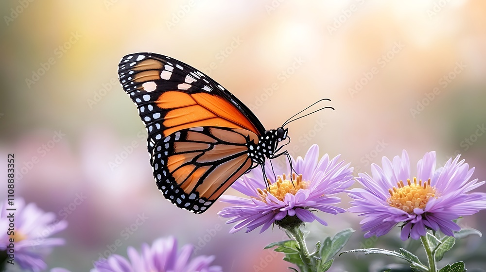 Obraz premium Monarch butterfly delighting in purple flowers within a vibrant natural setting