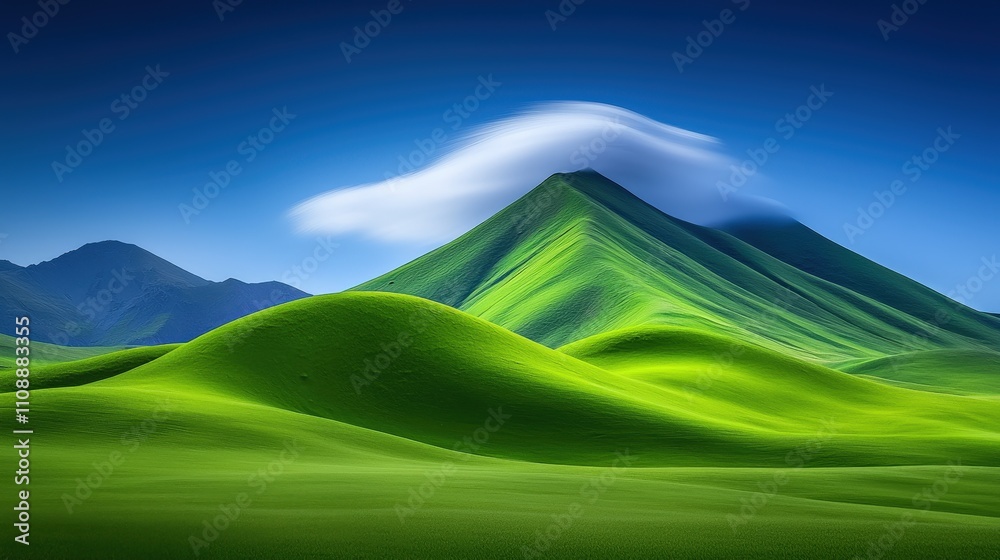 Obraz premium Serene Green Hills Rolling Meadows Blue Sky Cloudscape Nature Landscape Photography