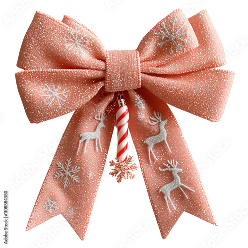 Festive ribbon bow with deer and snowflakes. photo