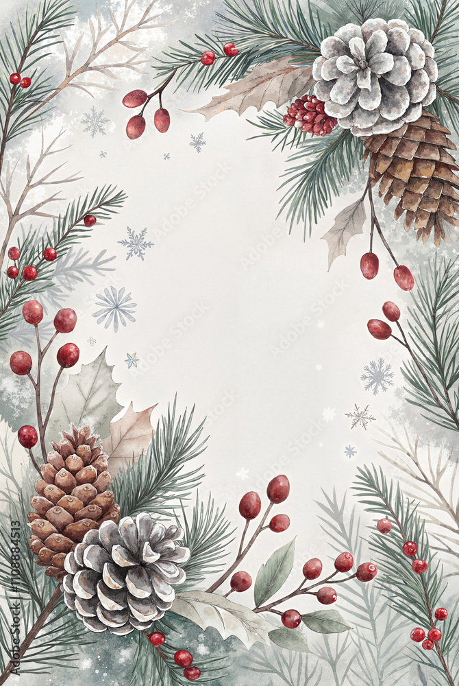 Fototapeta premium Christmas border with pinecones, holly, and snow accents