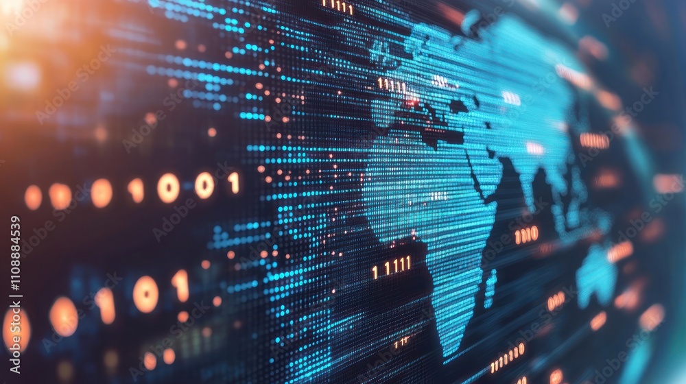 Obraz premium Digital world map with binary code and data visualization 