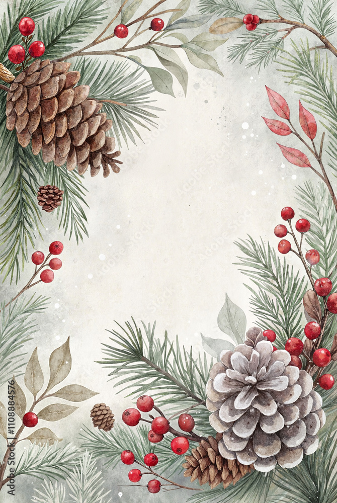 Fototapeta premium Pinecones, holly, and berries holiday decorative frame