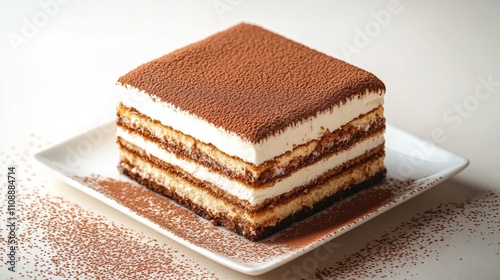 Delicious layered tiramisu dessert on a white plate with cocoa powder topping on a white background 