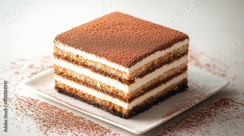 Delicious layered tiramisu dessert on a white plate with cocoa powder topping on a white background 