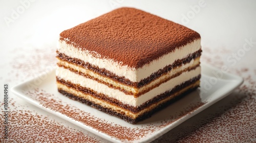Delicious layered tiramisu dessert on a white plate with cocoa powder topping on a white background 