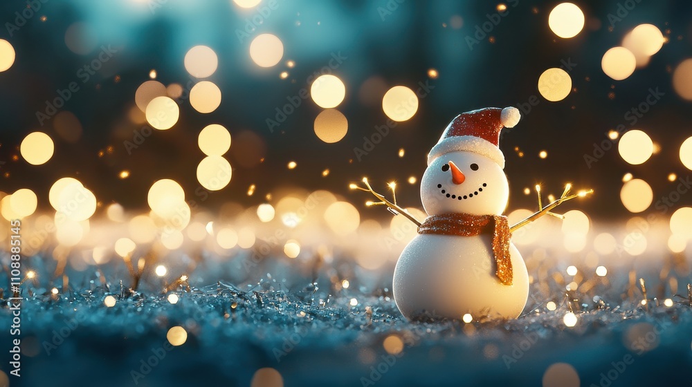 Fototapeta premium A cheerful snowman in a festive scene, adorned with a red hat and scarf, surrounded by glowing lights on a snowy background.