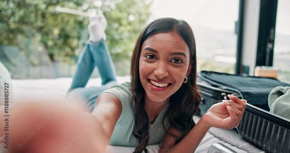Happy woman, video call or bed with luggage for travel vlog, holiday vacation or trip with suitcase. Portrait, female person or vlogger talking with smile or pov for packing or online chat in bedroom