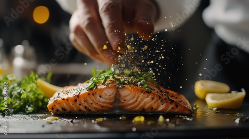 A chef seasoning a piece of salmon with fresh herbs and lemon photo