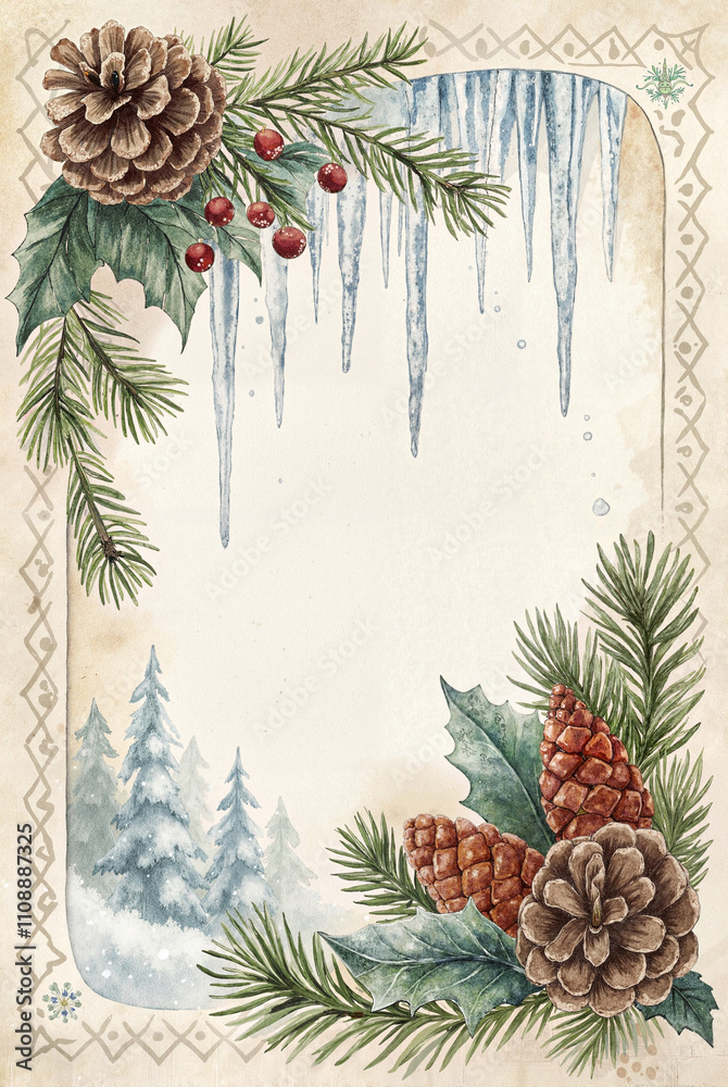 Fototapeta premium Christmas pinecone border with frosted winter backdrop
