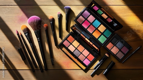 A collection of vibrant eyeshadow palettes, brushes, and liners, placed artistically on a wooden table photo