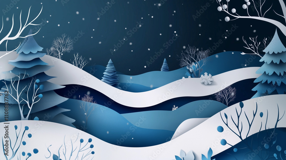 Winter landscape with snow, trees and mountains for Christmas and New Year in paper art style. Background image. Winter landscape with snow, trees and mountains for Christmas and New Year in paper art style. Background image.