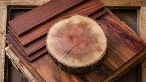 A rustic Sapele wood slice, showcasing its intricate growth rings and weathered bark, rests on a bed of weathered Sapele planks, perfect for natural and earthy design projects.  photo