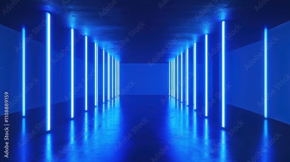 A dimly lit corridor with blue neon lights A dimly lit corridor with blue neon lights