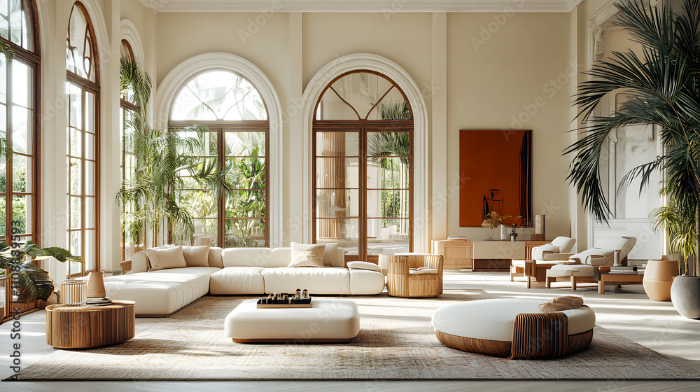 Fototapeta premium Discover modern interior design at its finest. This bright and luxurious showroom features contemporary furniture, stylish decor, and comfortable pieces, perfect for your home or business