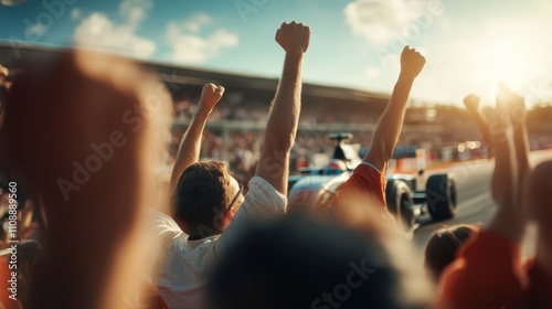 Excited crowd cheering at a motorsport event with a racing car in the background.