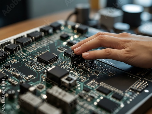 Software engineer working on embedded systems with hardware and code.