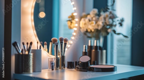 A luxurious vanity area where a woman is perfecting her makeup look with elegant cosmetics and tools