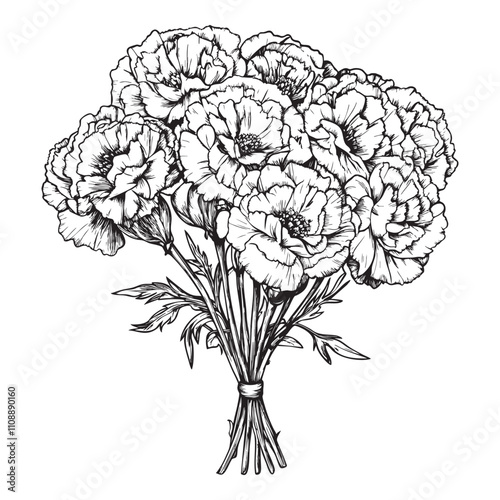 Carnations vector illustrations - hand drawn carnations - black and white carnations isolated on white background	

