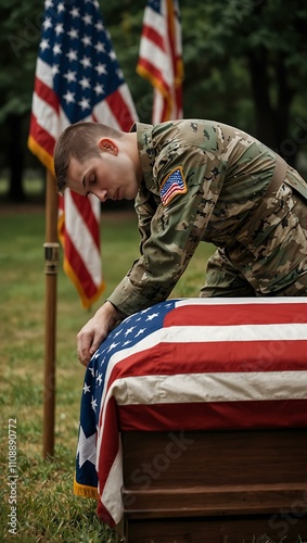 Soldier grieving over an American flag-draped casket.