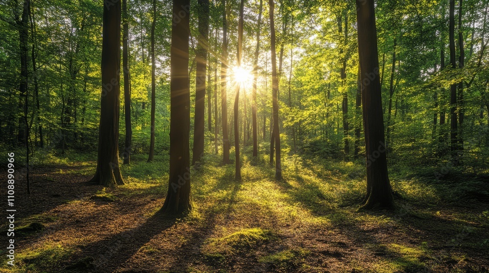 Obraz premium Soft sunlight filtering through a dense forest canopy, creating dappled shadows on the ground