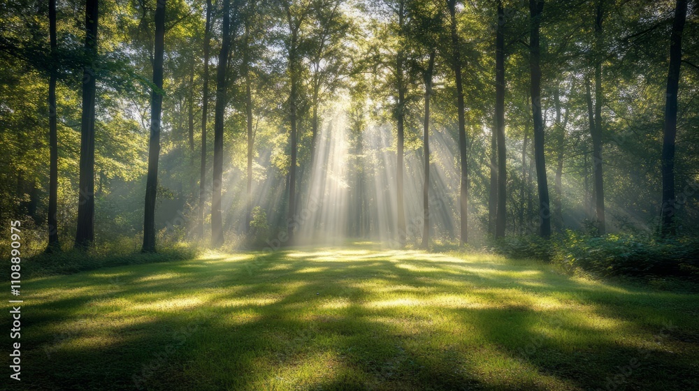 Fototapeta premium Soft sunlight filtering through a dense forest canopy, creating dappled shadows on the ground