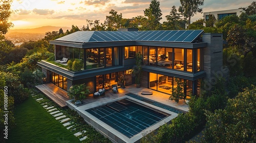 Futuristic smart home solar roof panels wideangle view at midday panels gleaming under the sun blending sustainability with modern design photo