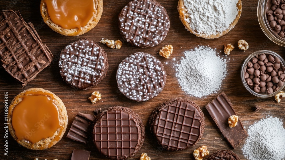 Flat lay of chocolate wafers and assorted toppings like caramel drizzle, sprinkles, and powdered sugar. Flat lay of chocolate wafers and assorted toppings like caramel drizzle, sprinkles, and powdered sugar.
