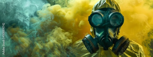 A person in a hazmat suit and mask surrounded by vibrant yellow smoke for safety, protection, and environmental themes. photo