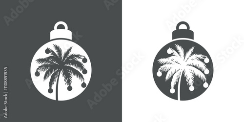 Navidad en Hawái. Palmera decorada con bolas de navidad. Logo con silueta de bola de navidad con la palma para tarjetas y felicitaciones