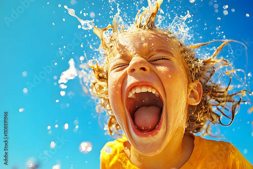 Fröhliches Kind mit Wasserspritzern im Sommer
 photo