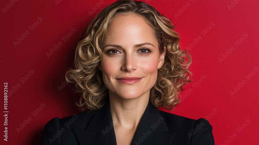 Confident Woman Smiling Curly Hair Red Background Portrait Photography Confident Woman Smiling Curly Hair Red Background Portrait Photography