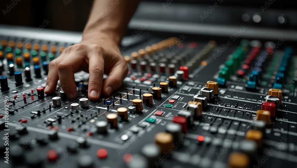 Sound engineer adjusting knobs on a mixing console. Sound engineer adjusting knobs on a mixing console.