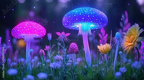 Wallpaper Mural Enchanted Bioluminescent Forest  Glowing Mushrooms  Fantasy Flora  Night Scene Torontodigital.ca